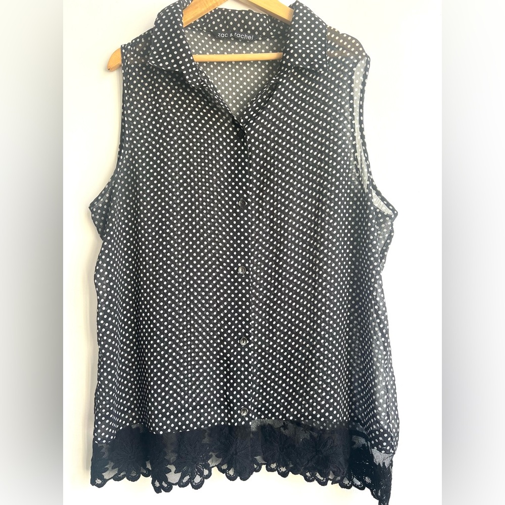 Feminine IndieGrunge Black and White Polka Dot Sleeveless Sheer Lace Trim Blouse